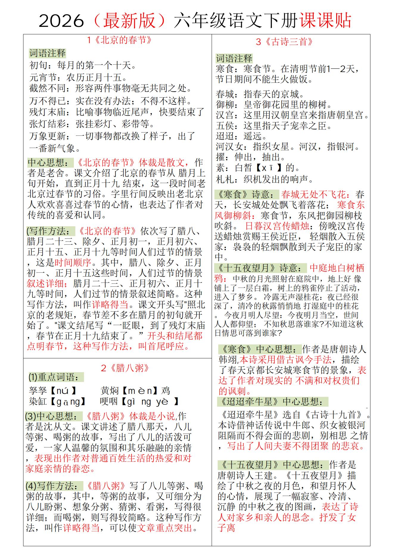 六年级下册语文【课课贴】  文末下载完整版