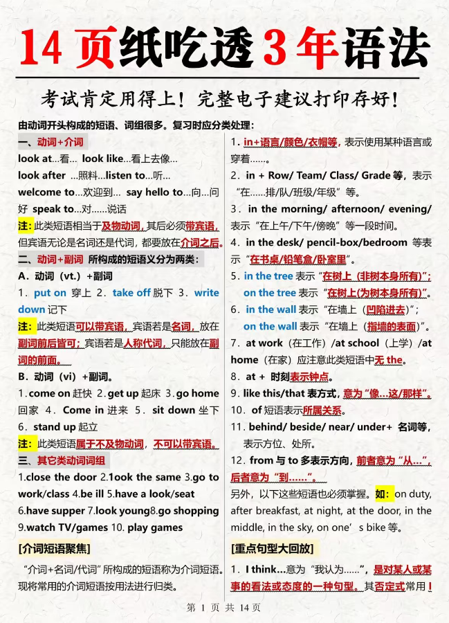 14页纸，吃透初中三年语法